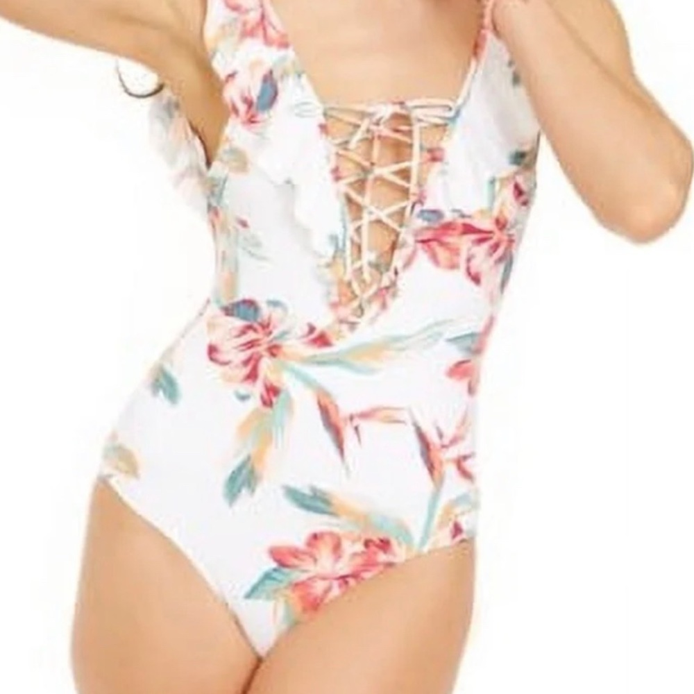 Roxy White Floral Lace-Up One-Piece Swimsuit